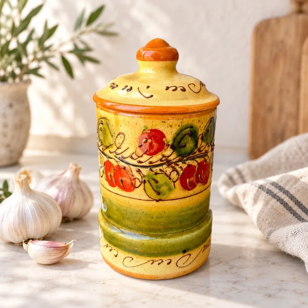 Vintage Spanish Ceramic Garlic Keeper Hand Painted Fruit Jar Made in Spain